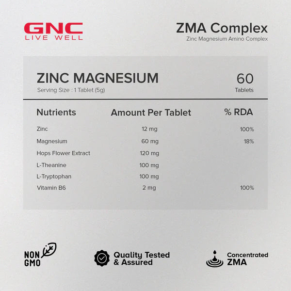 GNC ZMA Complex supplement label with nutritional information and product details.