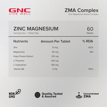 GNC ZMA Complex supplement label with nutritional information and product details.