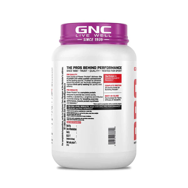GNC protein supplement container with purple lid on a white background