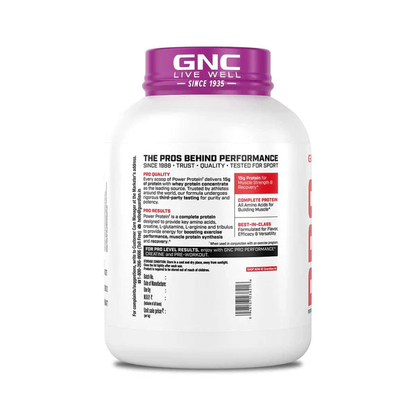 GNC protein supplement container with purple lid on a white background