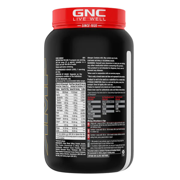 GNC protein powder container with nutritional information on a white background