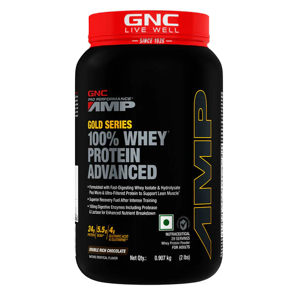 GNC AMP Gold Series 100% Whey Protein Advanced container on a white background