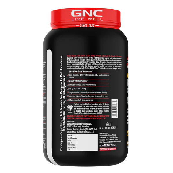 GNC protein powder container with red lid on a white background