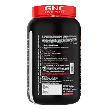 GNC protein powder container with red lid on a white background