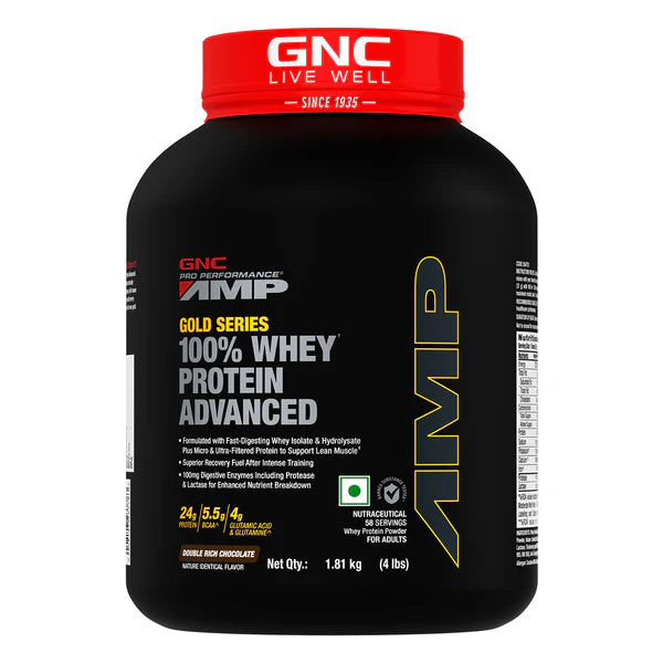 GNC AMP Gold Series 100% Whey Protein Advanced container on a white background