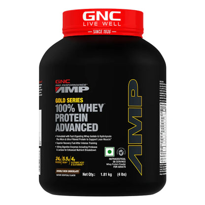 GNC AMP Gold Series 100% Whey Protein Advanced container on a white background