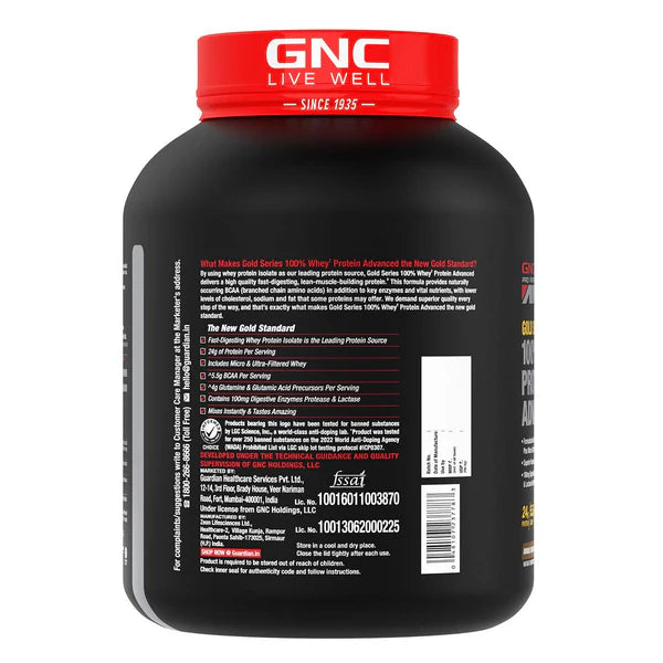 Black container with red lid featuring GNC branding on a white background