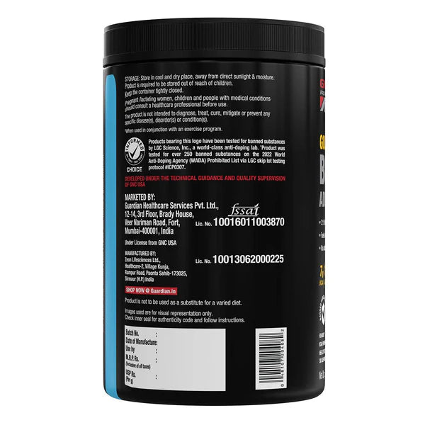 Black supplement container with text and a barcode on a white background