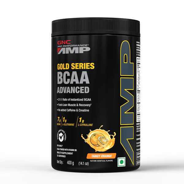 GNC AMP Gold Series BCAA Advanced supplement container on a white background