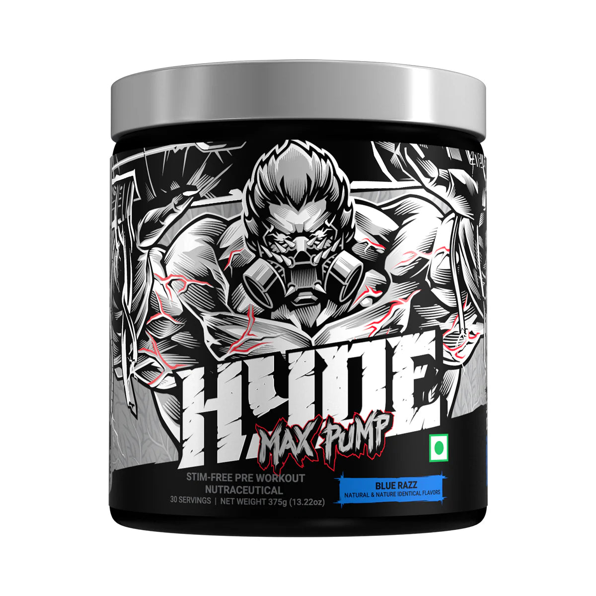 Pre-workout supplement container with graphic design and text on a white background