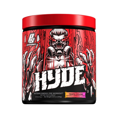 Hydroxycut Hyde pre-workout supplement container with red and black design on a white background