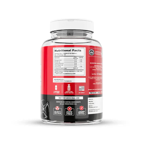 Supplement bottle with red label on a white background