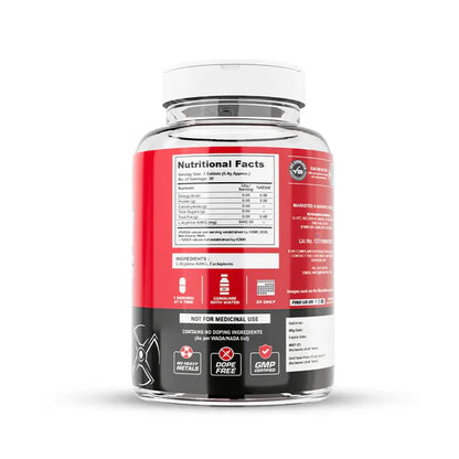 Supplement bottle with red label on a white background