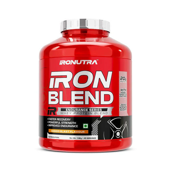 Red supplement container labeled 'IRONBLEND' by Ironutra on a white background