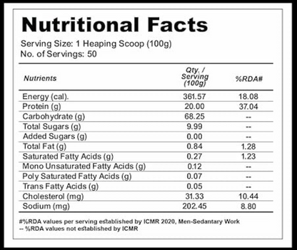 Nutritional facts label for a product with serving size, servings per container, and various nutrient values.