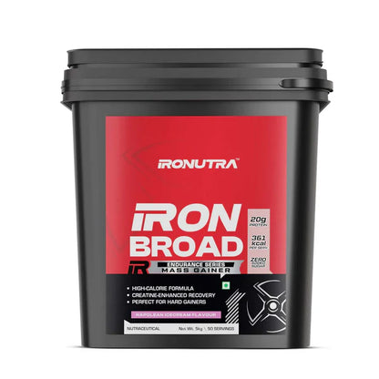 Black container of Ironutra Iron Broad Mass Gainer on a white background