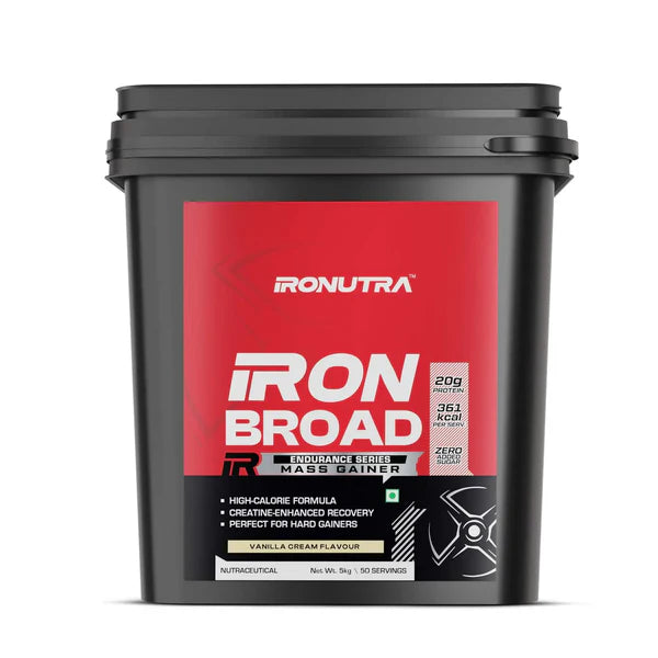 Black and red container of Ironutra Iron Broad Mass Gainer on a white background