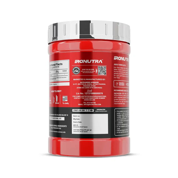 Red supplement container with Ironutra branding on a white background