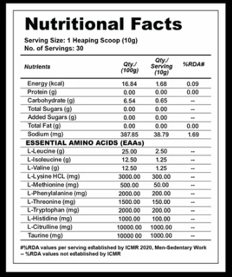 Nutritional facts label for a supplement with detailed nutrient information.