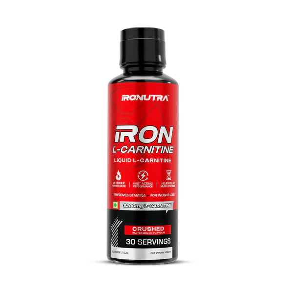 Red supplement bottle labeled 'IRONUTRA Iron L-Carnitine' on a white background
