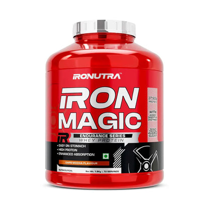 Red protein supplement container labeled 'IRONUTRA Iron Magic' on a white background