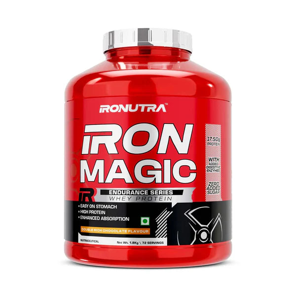 Red protein supplement container labeled 'Ironutra Iron Magic' on a white background