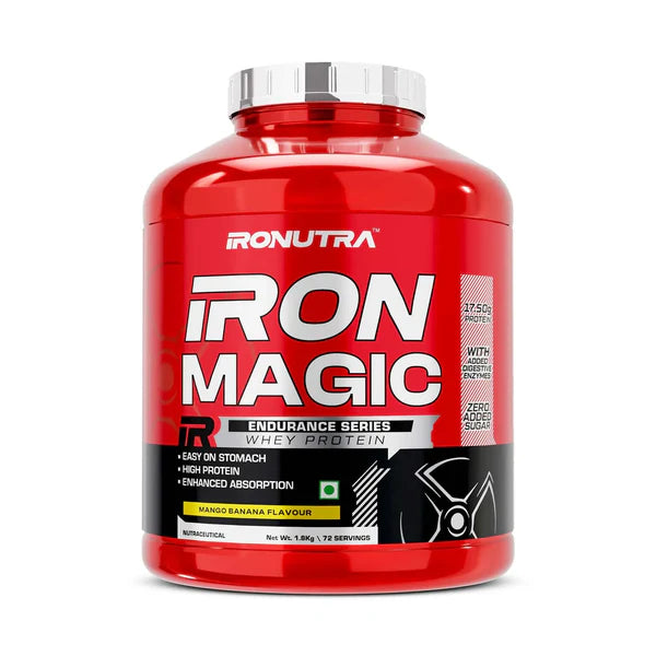 Red protein supplement container labeled 'IRONUTRA Iron Magic' on a white background