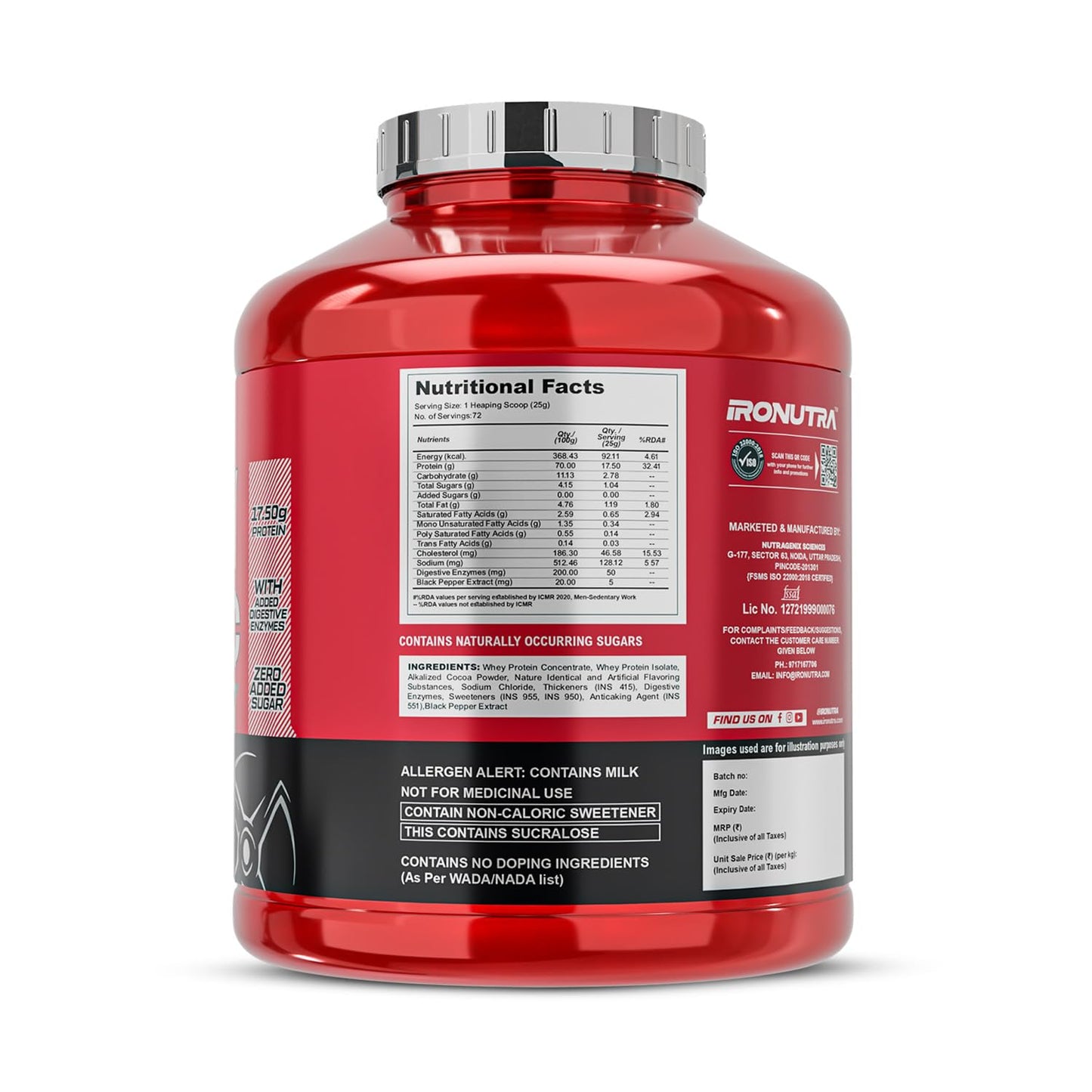 Red supplement bottle with nutritional facts label on a white background