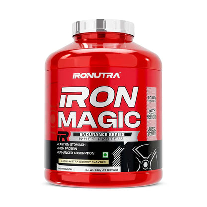 Red protein supplement container labeled 'Iron Magic' by Ronutra on a white background