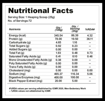 Nutritional facts label for a product with serving size and calories listed.