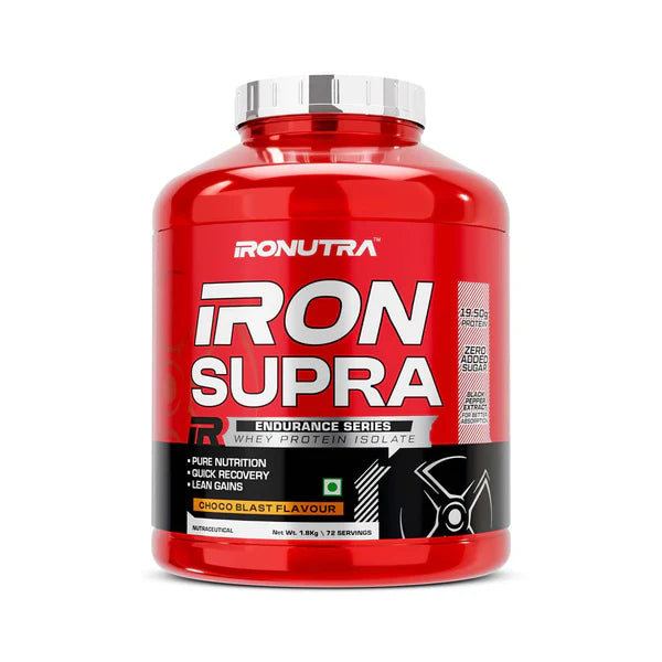 Red supplement container labeled 'Iron Supra' by Ronutra on a white background