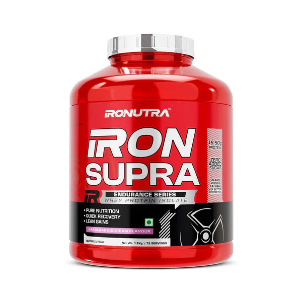 Red supplement bottle labeled 'IRONUTRA Iron Supra' on a white background