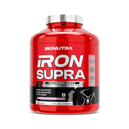 Red supplement bottle labeled 'IRONUTRA Iron Supra' on a white background
