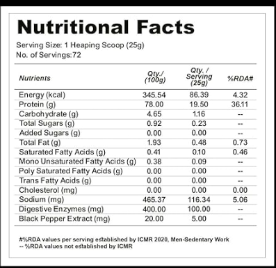 Nutritional facts label for a product with serving size, calories, and nutrient content.