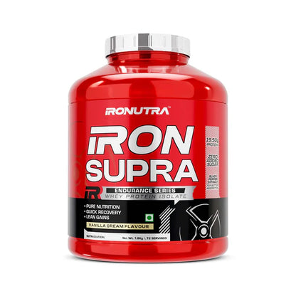 Red supplement bottle labeled 'Iron Supra' by Ronutra on a white background