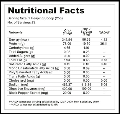 Nutritional facts label for a product with serving size, calories, and nutrient content.