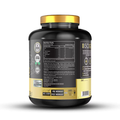 Black and gold supplement container with label on a white background