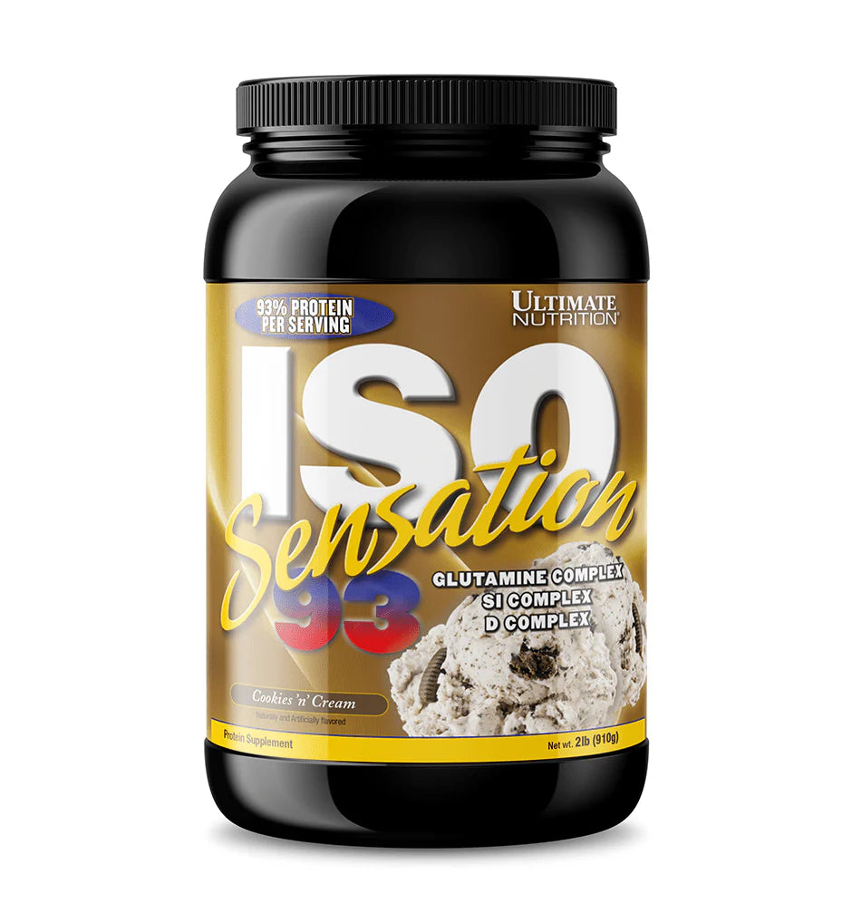Black supplement container labeled 'ISO Sensation' by Ultimate Nutrition on a white background