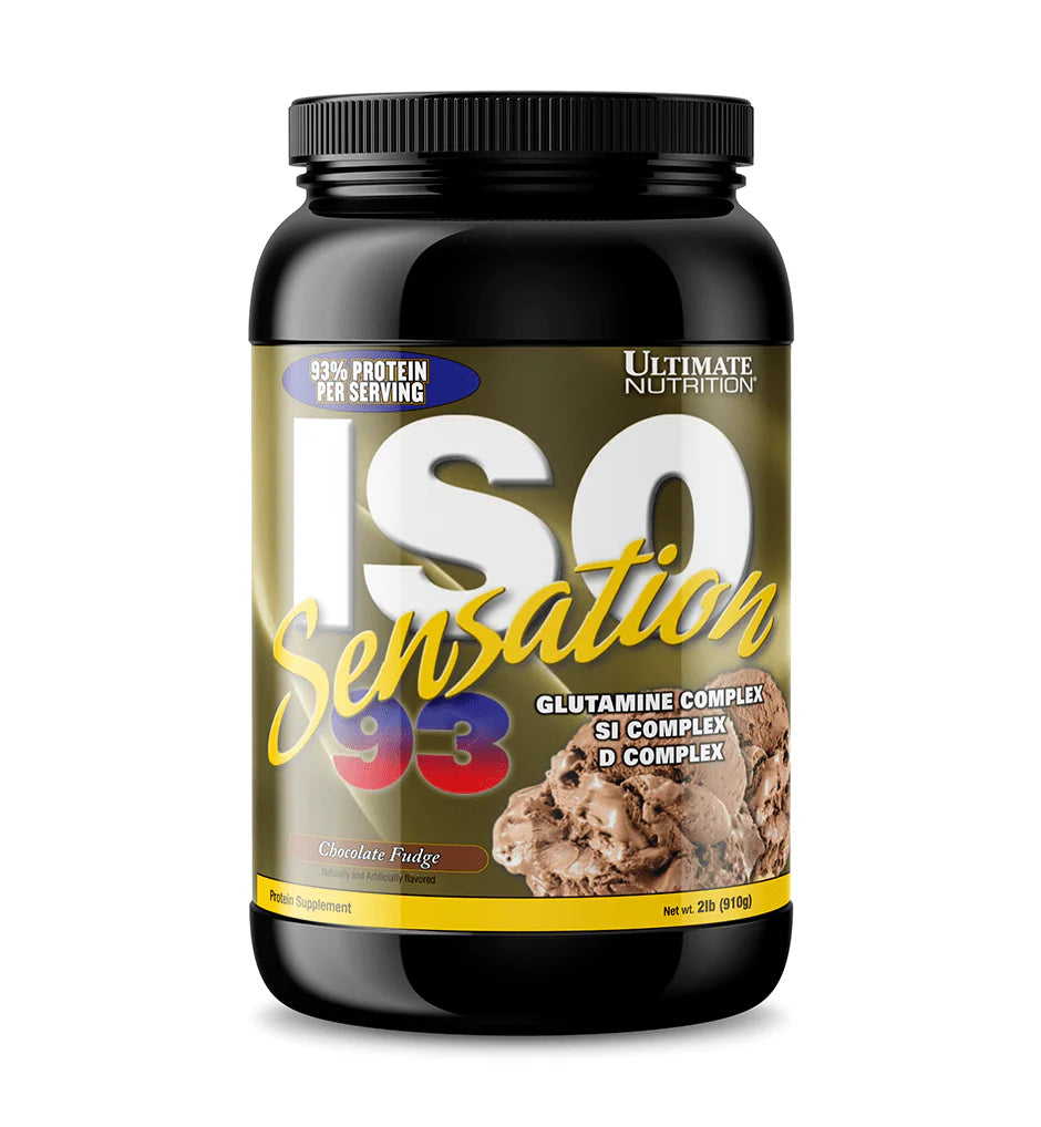 Ultimate Nutrition ISO Sensation protein powder jar on a white background