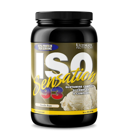 Ultimate Nutrition ISO Sensation protein powder container on a white background