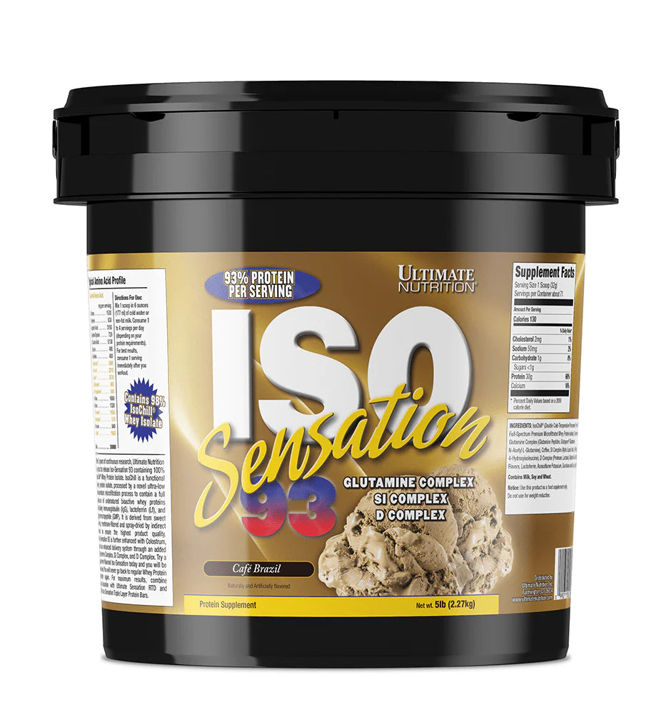 Black container of Ultimate Nutrition ISO Sensation 93% protein powder on a white background