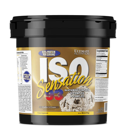 Black container of Ultimate Nutrition ISO Sensation 93 protein powder on a white background