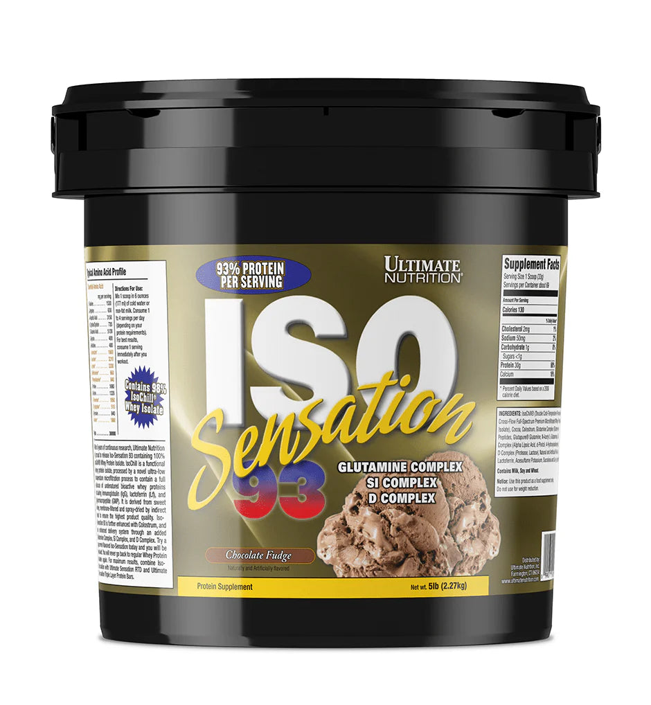 Black container of Ultimate Nutrition ISO Sensation 93 protein powder on a white background