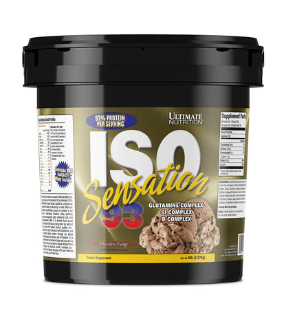 Black container of Ultimate Nutrition ISO Sensation 93 protein powder on a white background
