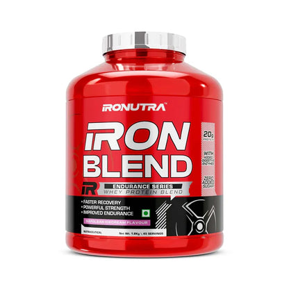 Red supplement bottle labeled 'IRONUTRA IRON BLEND' on a white background