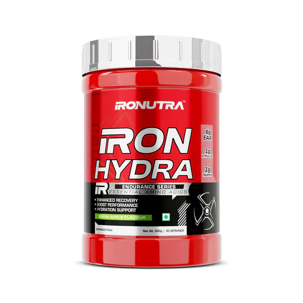 Red supplement container labeled 'IRONUTRA IRON HYDRA' on a white background