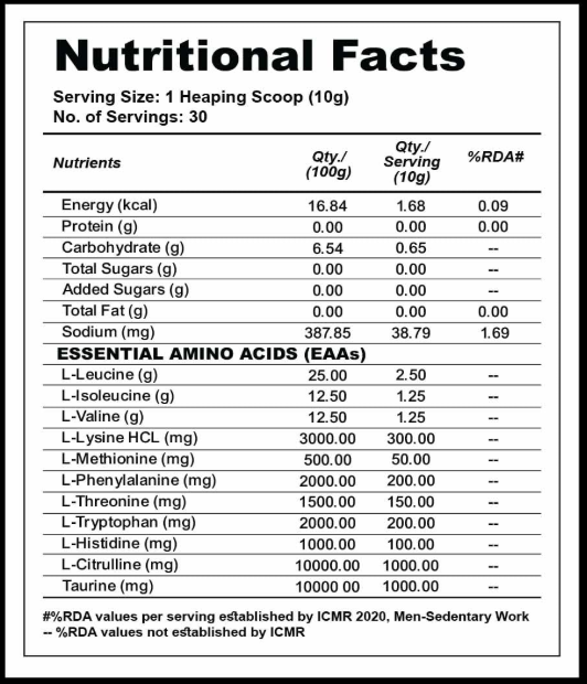 Nutritional facts label for a supplement with detailed nutrient information.
