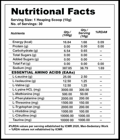 Nutritional facts label for a supplement with detailed nutrient information.