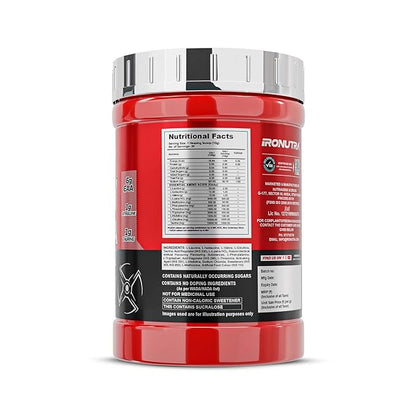 Red supplement container with nutritional facts label on a white background