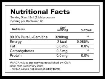 Nutritional facts label for a product with L-Carnitine, showing serving size, servings per container, and nutrient details.